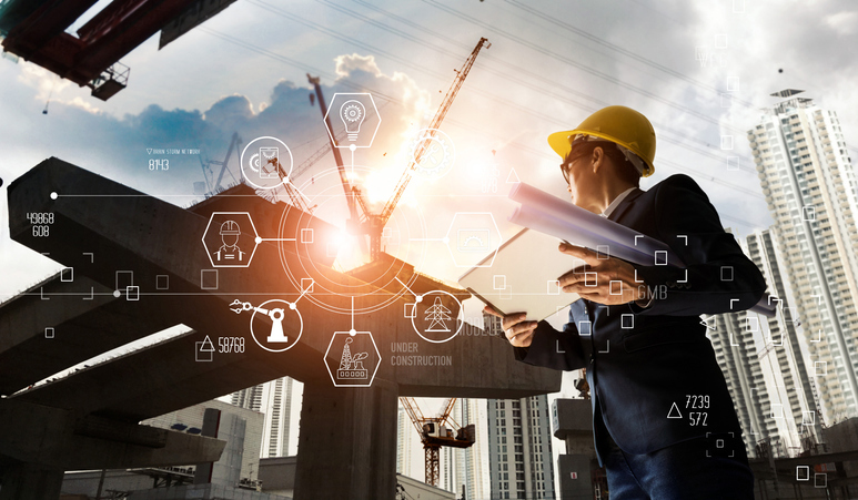 A futuristic architect, Businessman, Industry 4.0. Engineer manager using tablet with icon network connection in construction site, Industrial and innovation. Industry technology concept.